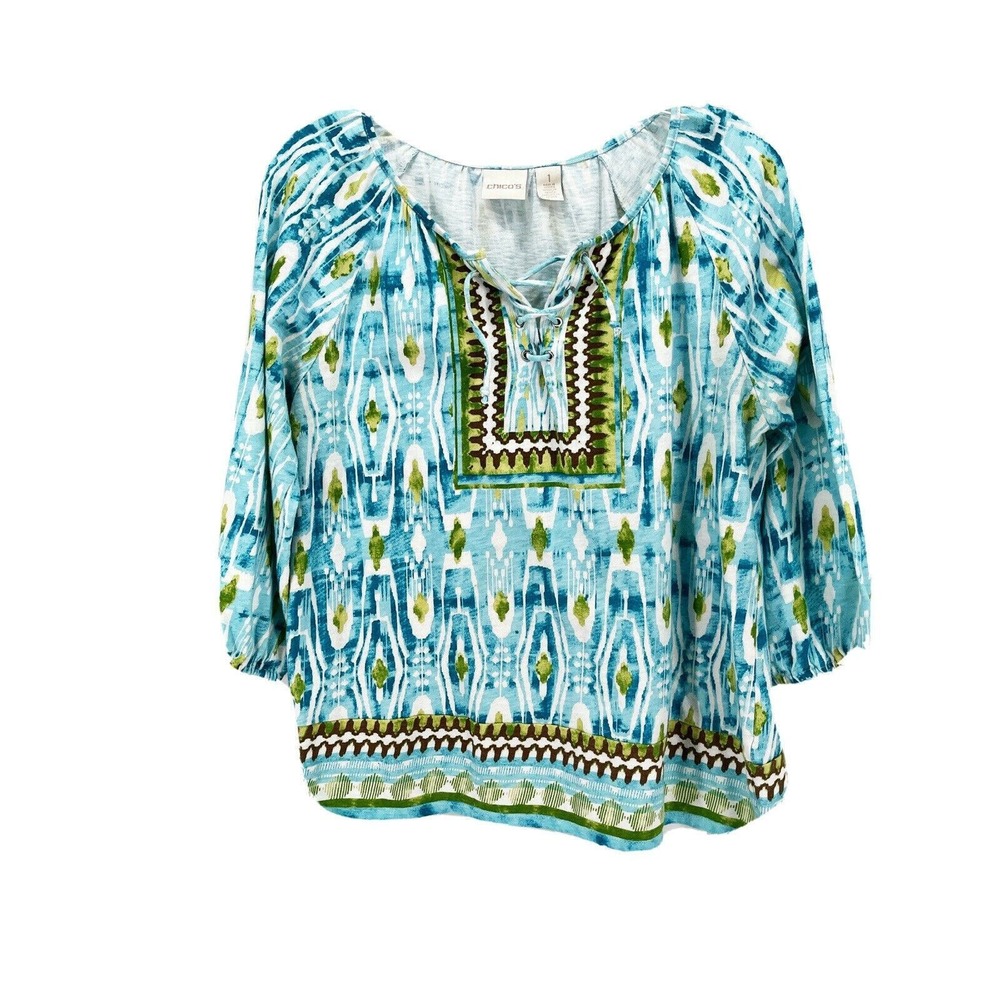 Chico's Shirt Size 1 (Medium) Blue Green 3/4 Sleeve Tie Front Blouse